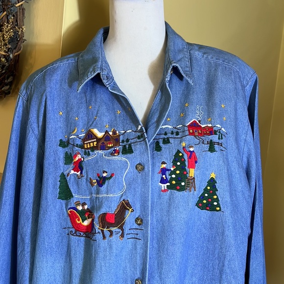 KAREN SCOTT sz 2X Denim Shirt Embroidered Christmas Holiday Cotton Kitsch Winter - Picture 12 of 16